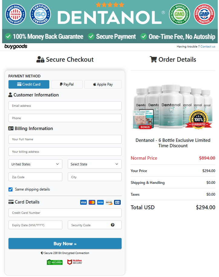 Dentanol secure checkout order page with credit card debit card and PayPal payment options